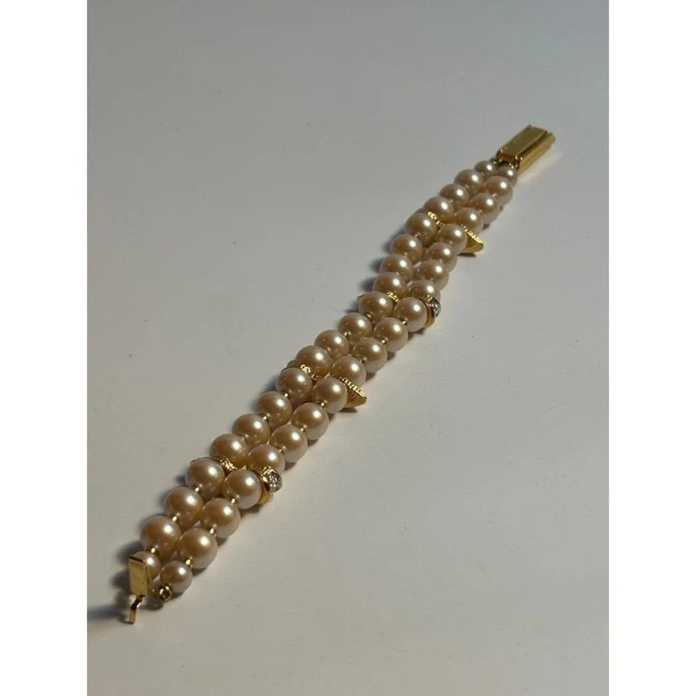 Bracelet Chunky‎ Bold 80s Maximalist Fashion Faux Pearl Gold Tone Rhinestone